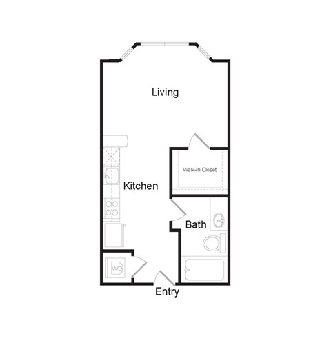 A floor plan of a home with a living room, kitchen, bathroom, and entry.